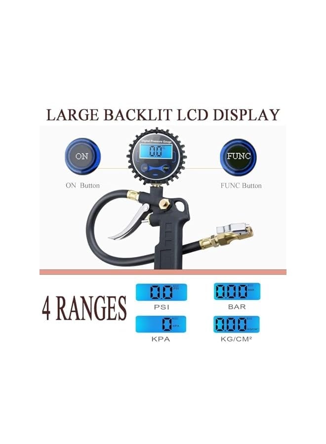 Digital Tire Pressure Gauge with Inflator, 250 PSI Air Chuck and Compressor Accessory, Heavy Duty with Quick Connector, 0.1 Display Resolution, For Cars, SUVs, Trucks, Motorcycles, RVs - Image 3