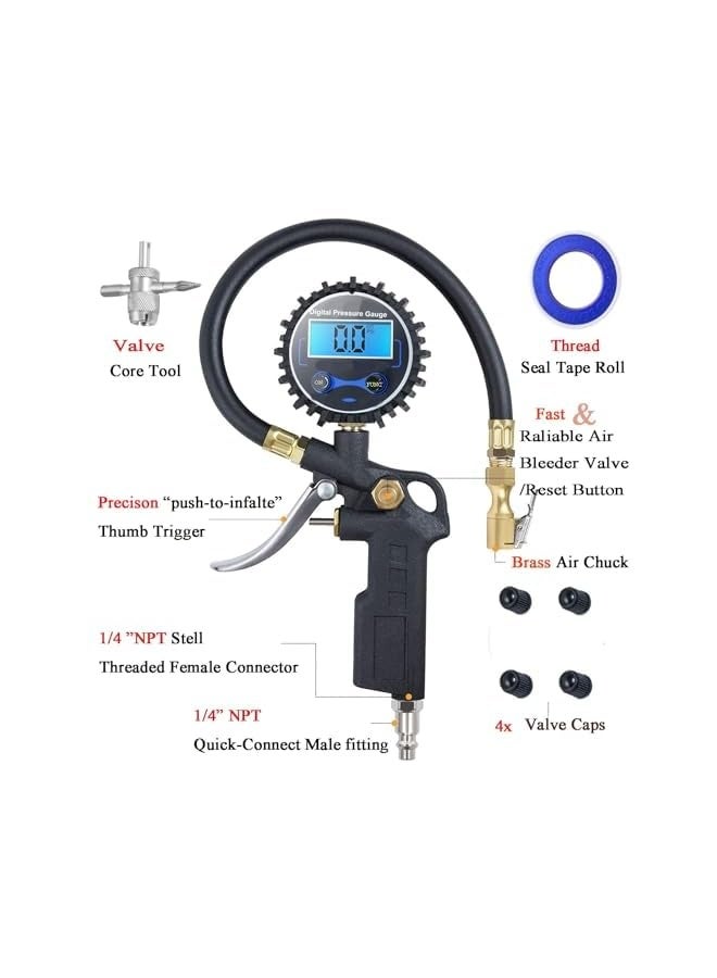 Digital Tire Pressure Gauge with Inflator, 250 PSI Air Chuck and Compressor Accessory, Heavy Duty with Quick Connector, 0.1 Display Resolution, For Cars, SUVs, Trucks, Motorcycles, RVs - Image 2