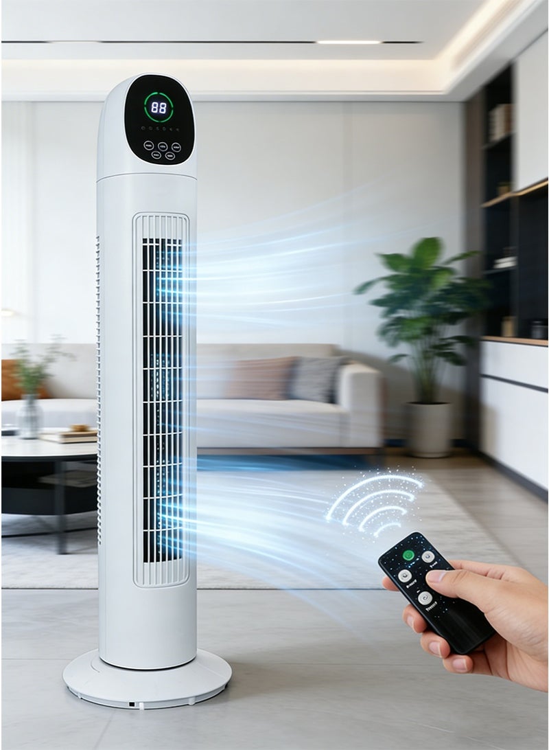 TAPIT Household Tower Fan with Remote Control, 90° Oscillating Bladeless Floor Fan for Living Room Bedroom Dorm, Compact Quiet Standing Fan with 3 Speeds & 9H Timer & LED Temp Display (White) - Image 1