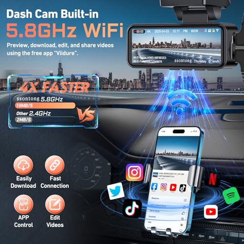 ssontong Car Camera - Dash Cam Front and Rear, 4K Dash Camera for Cars Built-in 5.8G WiFi GPS ADAS Dashcam,3.2" IPS Screen Dash Cam with Free 32GB Card,G-Sensor,Loop Recording,WDR,Night Vision Dashboard Camera - Image 3