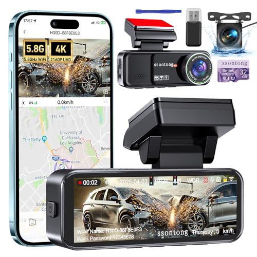 ssontong Car Camera - Dash Cam Front and Rear, 4K Dash Camera for Cars Built-in 5.8G WiFi GPS ADAS Dashcam,3.2" IPS Screen Dash Cam with Free 32GB Card,G-Sensor,Loop Recording,WDR,Night Vision Dashboard Camera - Image 1