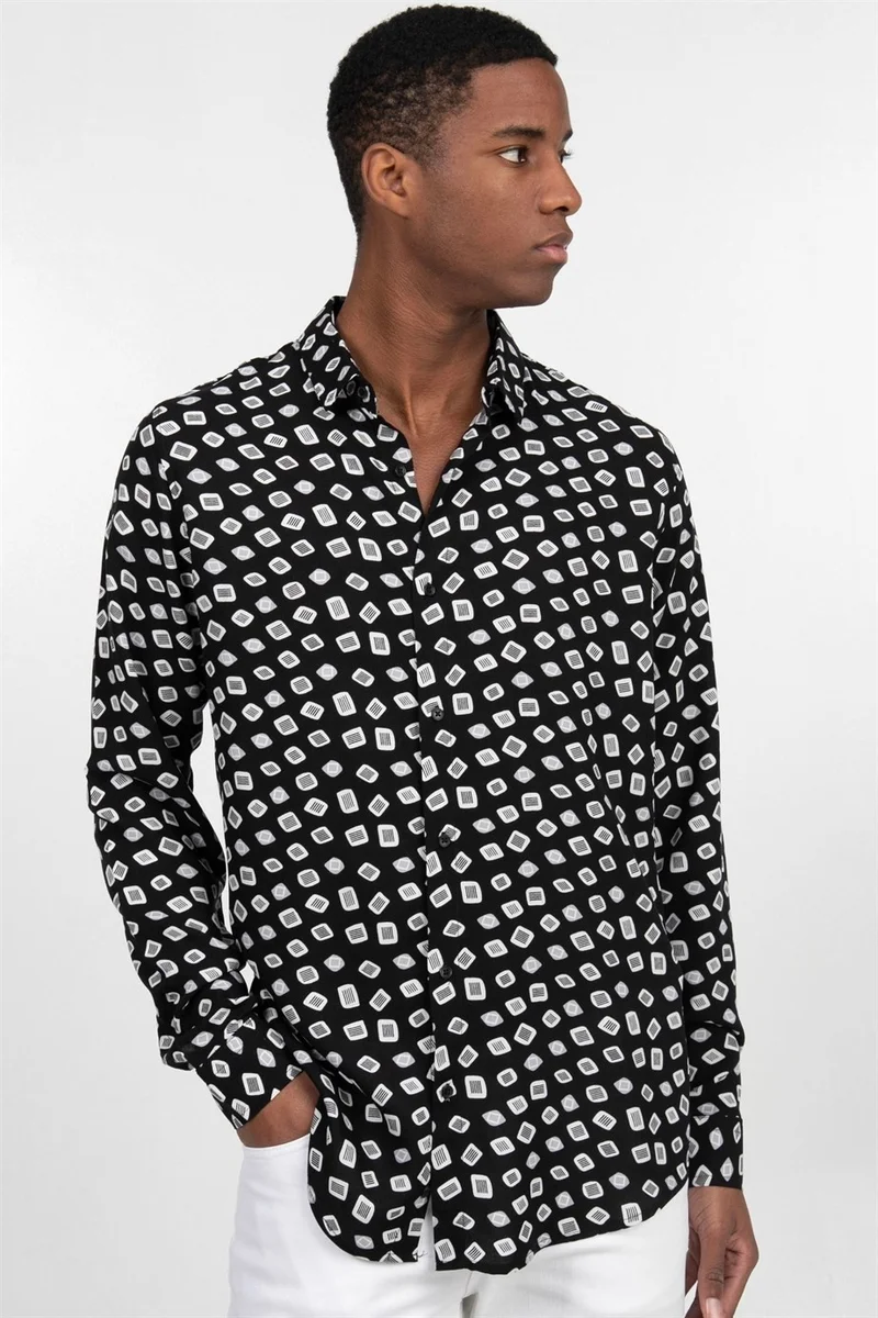 تودورس Slim Fit Slim Fit Long Sleeve Printed Pattern Viscose Tencel Sports Men's Shirt -