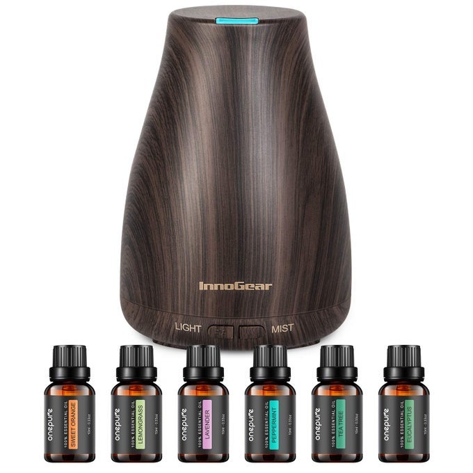 ESSENTIAL OIL DIFFUSER WITH OILS, 100ML AROMATHERAPY DIFFUSER WITH 6 ESSENTIAL OILS SET, AROMA COOL MIST HUMIDIFIER GIFT SET, DARK WOOD GRAIN