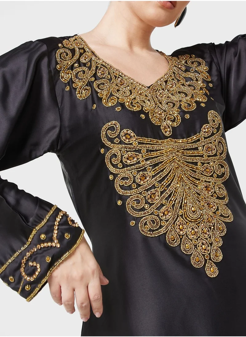 ARABIAN CLOSET Embellished V- Neck Jalabiya
