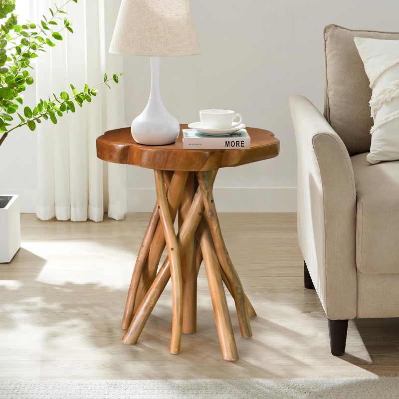 WELLAND Solid Teak Live Edge End Table,18" L x 18" W x 20" H Uniquie Side Table, Small Accent Table, Plant Stand for Living Room, Bedroom, Home Office - Image 1