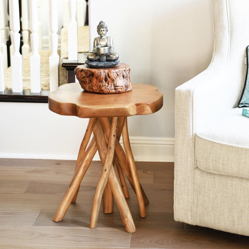 WELLAND Solid Teak Live Edge End Table,18" L x 18" W x 20" H Uniquie Side Table, Small Accent Table, Plant Stand for Living Room, Bedroom, Home Office - Image 2