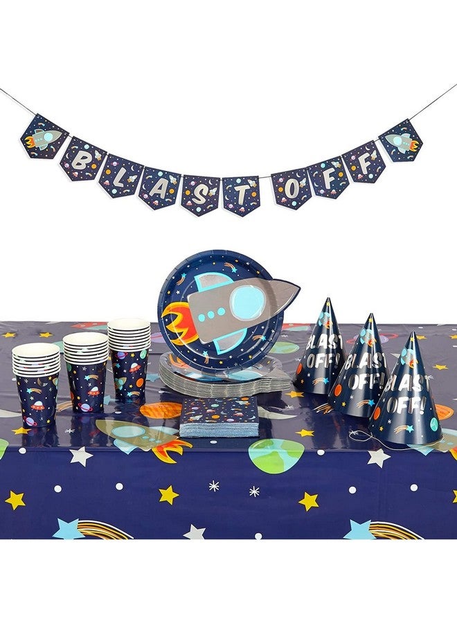 Blue Panda 99Piece Outer Space Party Pack With Dinnerware Hats Banner Tablecloths (Serves 24) - Image 1