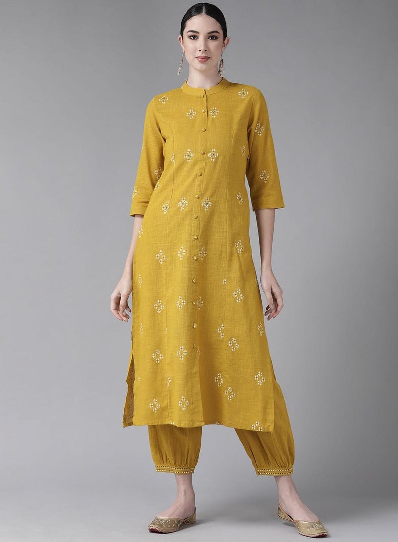 ISHIN Women's Mustard 100% Cotton Embroidered Tunic Full Length Casual Straight Fit Kurta Set  - Image 1