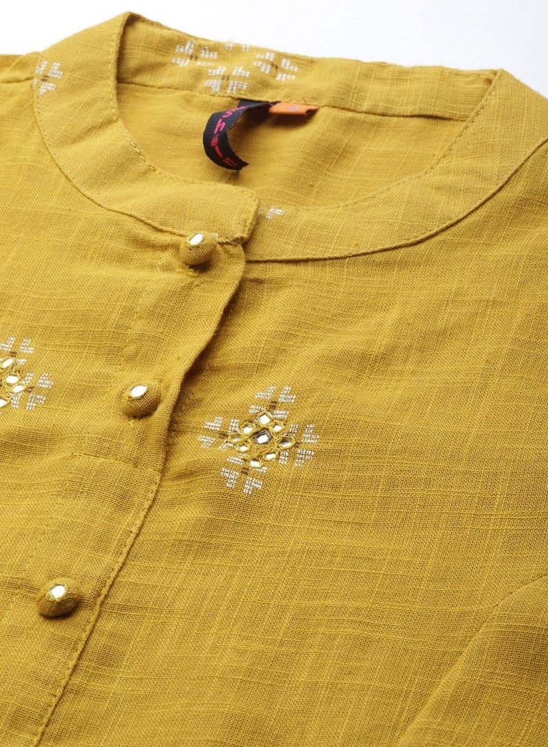ISHIN Women's Mustard 100% Cotton Embroidered Tunic Full Length Casual Straight Fit Kurta Set  - Image 2