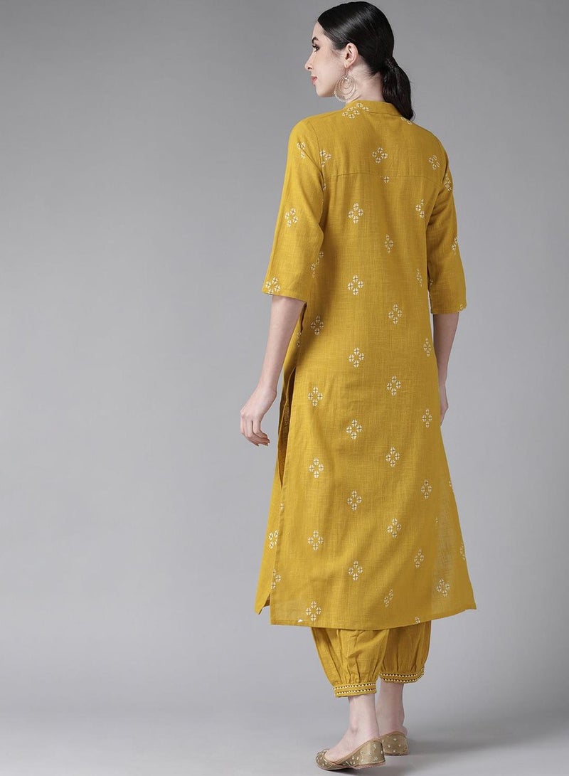 ISHIN Women's Mustard 100% Cotton Embroidered Tunic Full Length Casual Straight Fit Kurta Set  - Image 5