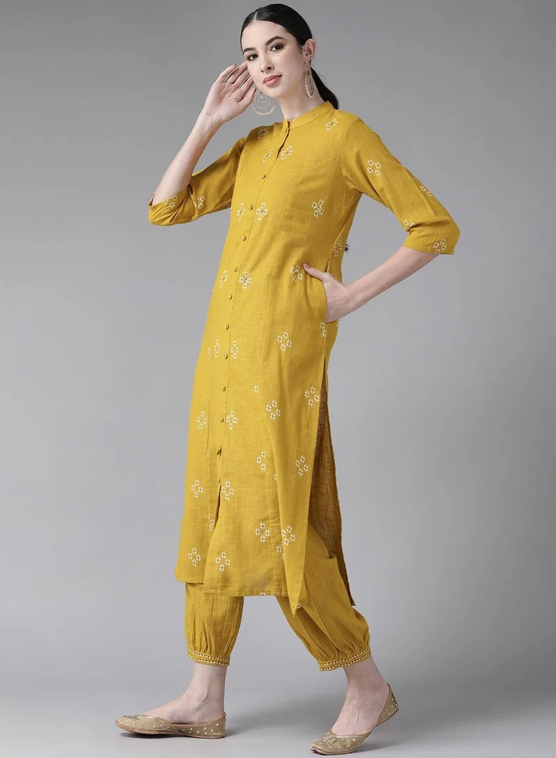 ISHIN Women's Mustard 100% Cotton Embroidered Tunic Full Length Casual Straight Fit Kurta Set