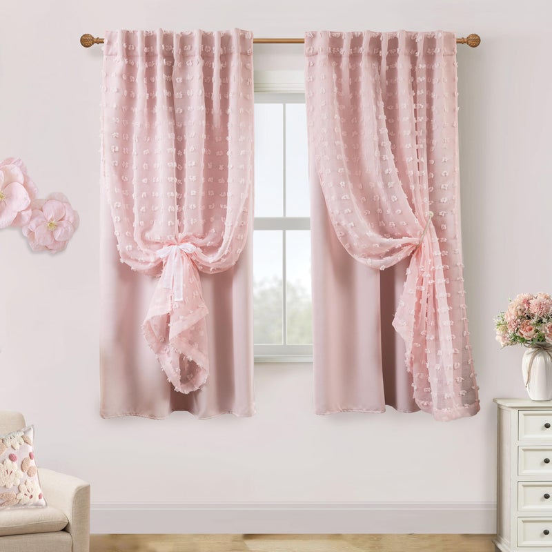 Lino Rosa Pink Sheer Blackout Curtains 63 Inch Length,Romantic Soft Rod Pocket Blackout Girly Curtains for Bedroom - Image 1