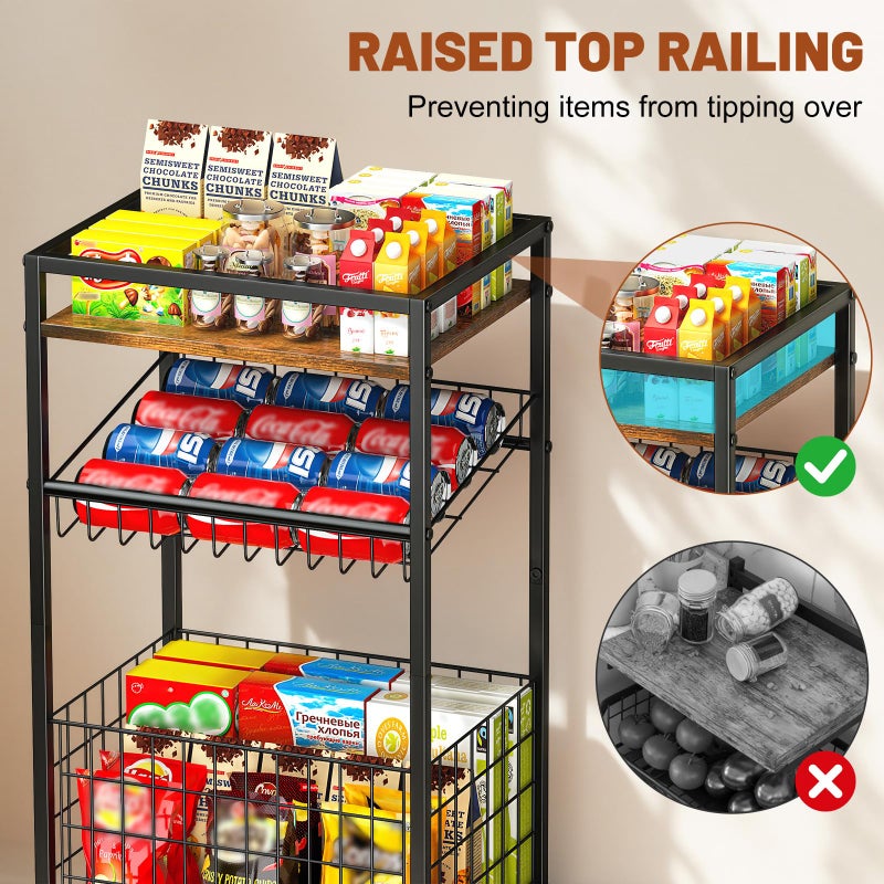 Kssiaz Fruit Vegetable Cart, 3-Tier Snack Kitchen Cart on Wheels & Wood Top, Utility Shelf Rack Organizer for Fruit, Vegetables, Potato, Snack, Brown - Image 4