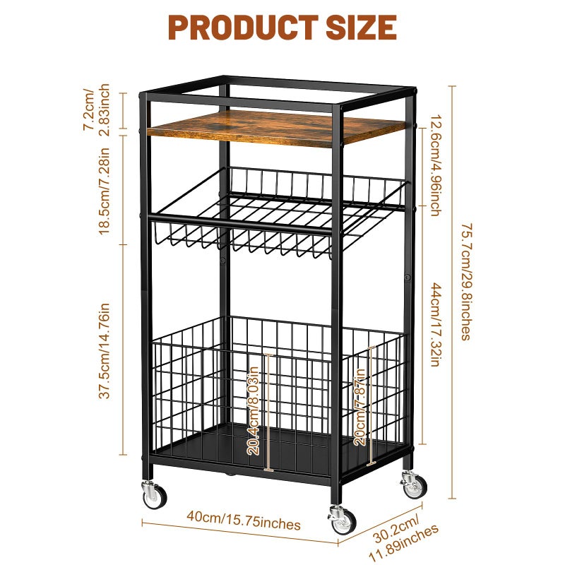 Kssiaz Fruit Vegetable Cart, 3-Tier Snack Kitchen Cart on Wheels & Wood Top, Utility Shelf Rack Organizer for Fruit, Vegetables, Potato, Snack, Brown - Image 2