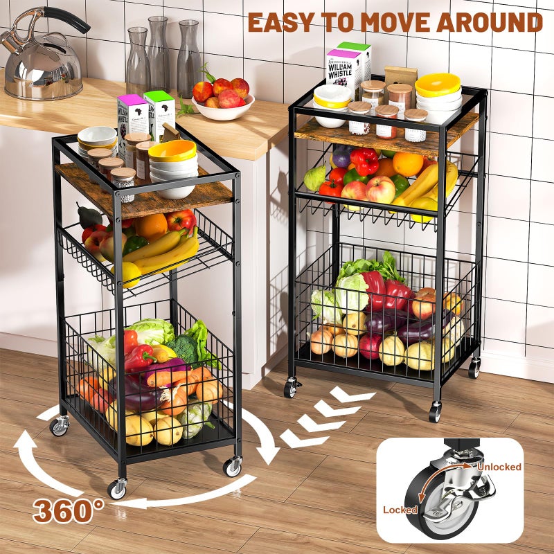 Kssiaz Fruit Vegetable Cart, 3-Tier Snack Kitchen Cart on Wheels & Wood Top, Utility Shelf Rack Organizer for Fruit, Vegetables, Potato, Snack, Brown - Image 3
