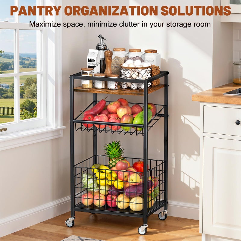 Kssiaz Fruit Vegetable Cart, 3-Tier Snack Kitchen Cart on Wheels & Wood Top, Utility Shelf Rack Organizer for Fruit, Vegetables, Potato, Snack, Brown - Image 5