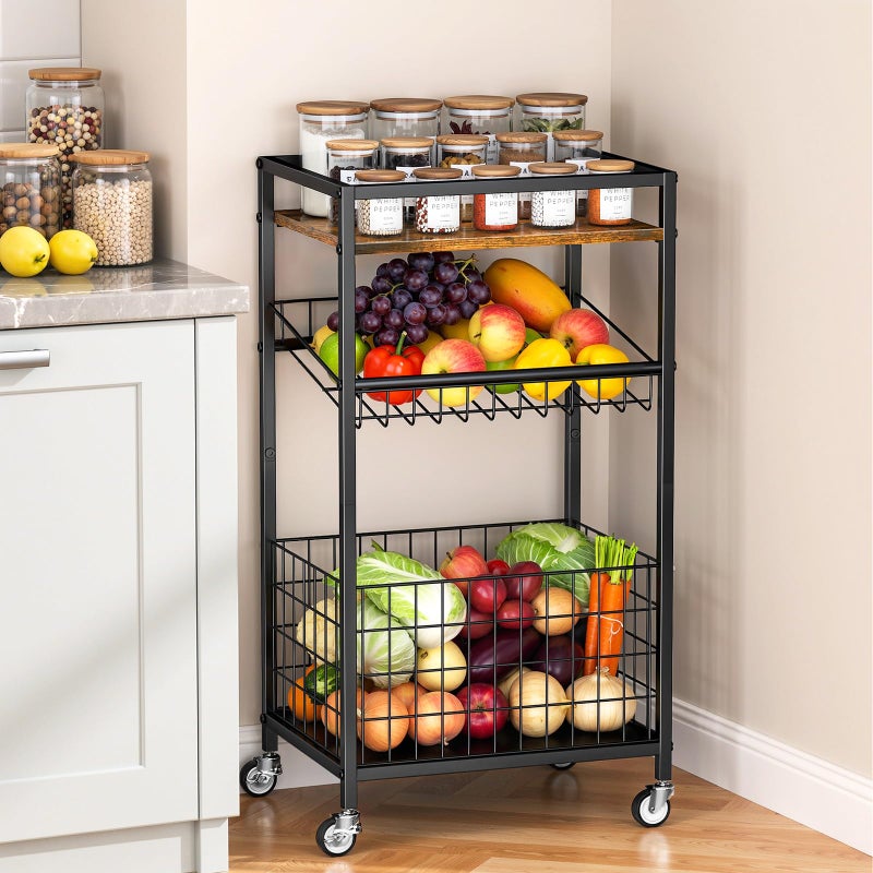 Kssiaz Fruit Vegetable Cart, 3-Tier Snack Kitchen Cart on Wheels & Wood Top, Utility Shelf Rack Organizer for Fruit, Vegetables, Potato, Snack, Brown - Image 1