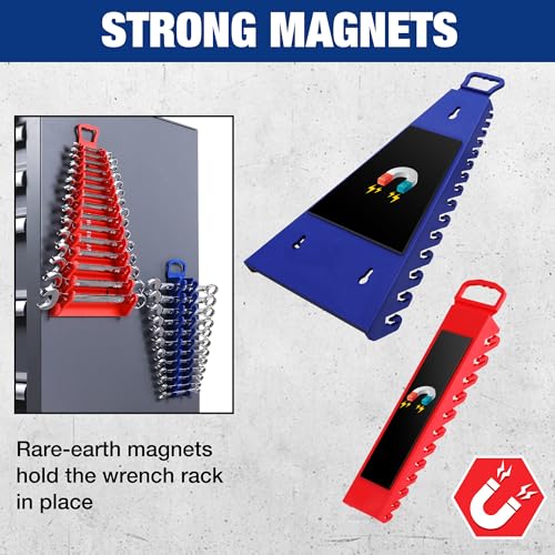 WORKPRO 4-PACK Magnetic Wrench Organizer, 2PC 15-Slot and 2PC 12-Slot Gripper Wrench Holder for Tool Boxes, Flexible Gripping Teeth and Carrying Handle, Fit for SAE and Metric, Blue, Red - Image 3