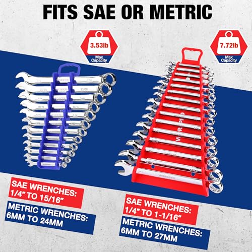 WORKPRO 4-PACK Magnetic Wrench Organizer, 2PC 15-Slot and 2PC 12-Slot Gripper Wrench Holder for Tool Boxes, Flexible Gripping Teeth and Carrying Handle, Fit for SAE and Metric, Blue, Red - Image 4