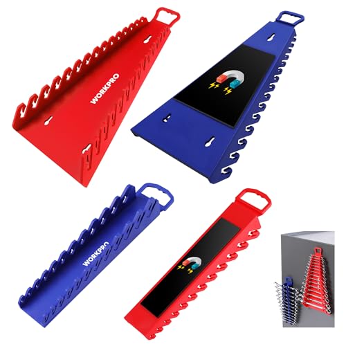 WORKPRO 4-PACK Magnetic Wrench Organizer, 2PC 15-Slot and 2PC 12-Slot Gripper Wrench Holder for Tool Boxes, Flexible Gripping Teeth and Carrying Handle, Fit for SAE and Metric, Blue, Red - Image 1