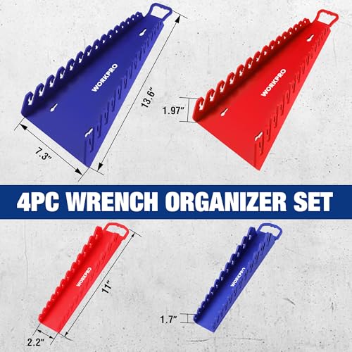 WORKPRO 4-PACK Magnetic Wrench Organizer, 2PC 15-Slot and 2PC 12-Slot Gripper Wrench Holder for Tool Boxes, Flexible Gripping Teeth and Carrying Handle, Fit for SAE and Metric, Blue, Red - Image 2