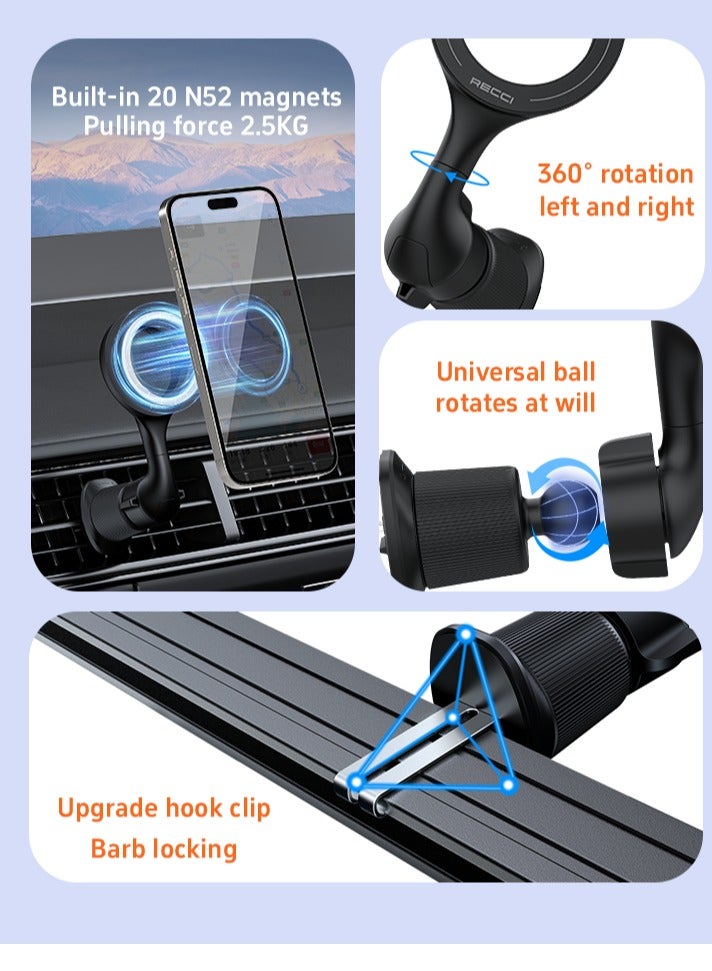 Recci Ultra Strong Magnetic Car Phone Holder for Air Vent MagSafe Car Phone Mount with 20*N52 Magnet Upgrade Steel Hook Clip 360° Rotatable Car Phone Mount Ultra Strong Magnets One-hand Operation Double Universal Rotation Compatible With iPhone 16 15 14 13 12 Series ‎Samsung S24 S23 etc Black - Image 3
