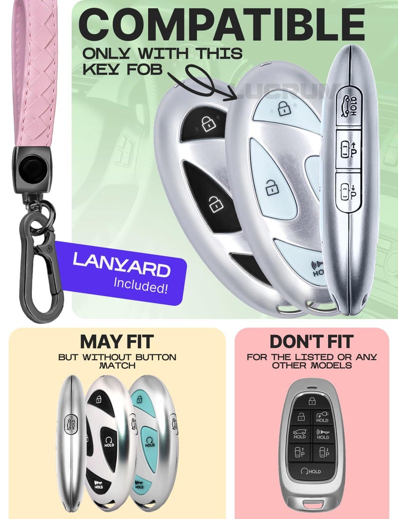 Lucrum Compatible with Hyundai Key Fob Cover & Leather Keychain, Keyfob Case for Santa Fe, Sonata, Tucson, Grandeur, Ioniq 6, KONA, Elantra - For 7 Button Remote (2022-2025) - Pink and Black - Image 2