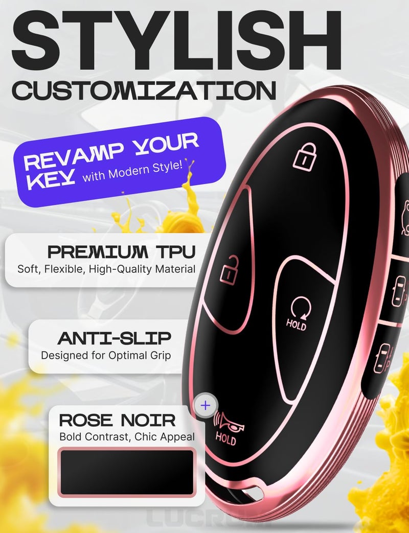 Lucrum Compatible with Hyundai Key Fob Cover & Leather Keychain, Keyfob Case for Santa Fe, Sonata, Tucson, Grandeur, Ioniq 6, KONA, Elantra - For 7 Button Remote (2022-2025) - Pink and Black - Image 3