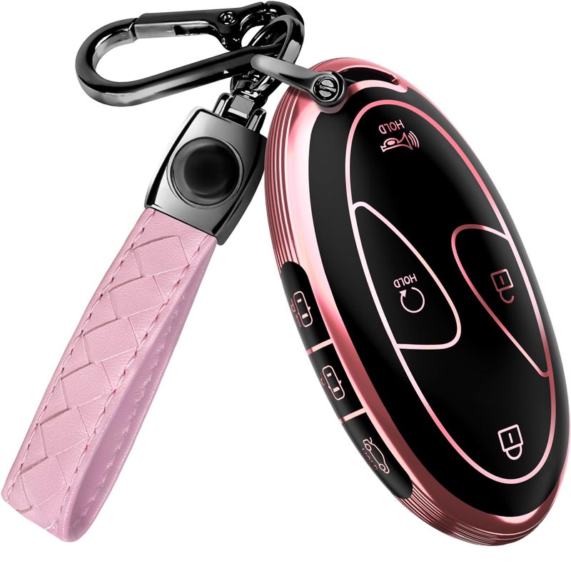 Lucrum Compatible with Hyundai Key Fob Cover & Leather Keychain, Keyfob Case for Santa Fe, Sonata, Tucson, Grandeur, Ioniq 6, KONA, Elantra - For 7 Button Remote (2022-2025) - Pink and Black - Image 1