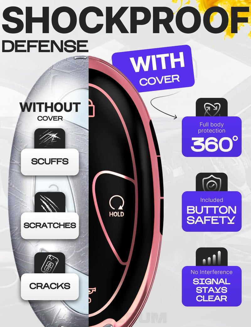 Lucrum Compatible with Hyundai Key Fob Cover & Leather Keychain, Keyfob Case for Santa Fe, Sonata, Tucson, Grandeur, Ioniq 6, KONA, Elantra - For 7 Button Remote (2022-2025) - Pink and Black - Image 4