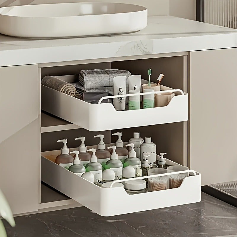 White Metal Pull-Out Cabinet Organizer, Large Capacity Single Tier Storage Drawer Rack, Easy Installation, Ideal for Kitchen, Living Room, Bathroom Home Organization Accessories - Image 2