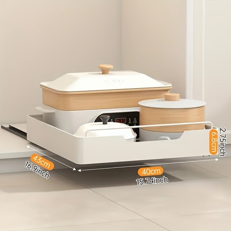 White Metal Pull-Out Cabinet Organizer, Large Capacity Single Tier Storage Drawer Rack, Easy Installation, Ideal for Kitchen, Living Room, Bathroom Home Organization Accessories - Image 1