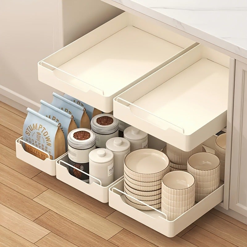 White Metal Pull-Out Cabinet Organizer, Large Capacity Single Tier Storage Drawer Rack, Easy Installation, Ideal for Kitchen, Living Room, Bathroom Home Organization Accessories - Image 3