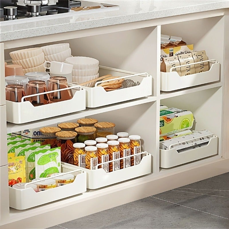 White Metal Pull-Out Cabinet Organizer, Large Capacity Single Tier Storage Drawer Rack, Easy Installation, Ideal for Kitchen, Living Room, Bathroom Home Organization Accessories - Image 4