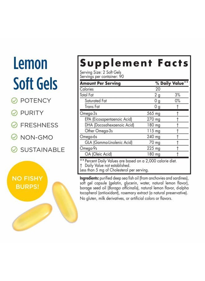 ProEFA 3-6-9, Lemon Flavor - 180 Soft Gels - 565 mg Omega-3 - EPA & DHA with Added GLA - Healthy Skin, Cognition, & Positive Mood - Non-GMO - 90 Servings