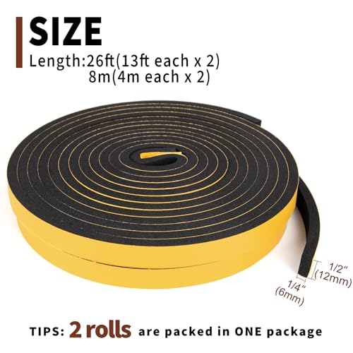 Yotache Weather Stripping Door Seal Strip 1/2 x 1/4 inch, 2 Rolls x 13Ft, New Adhesive Foam Insulation Tape for Door Frames, Windows, Total 26Ft - Image 4
