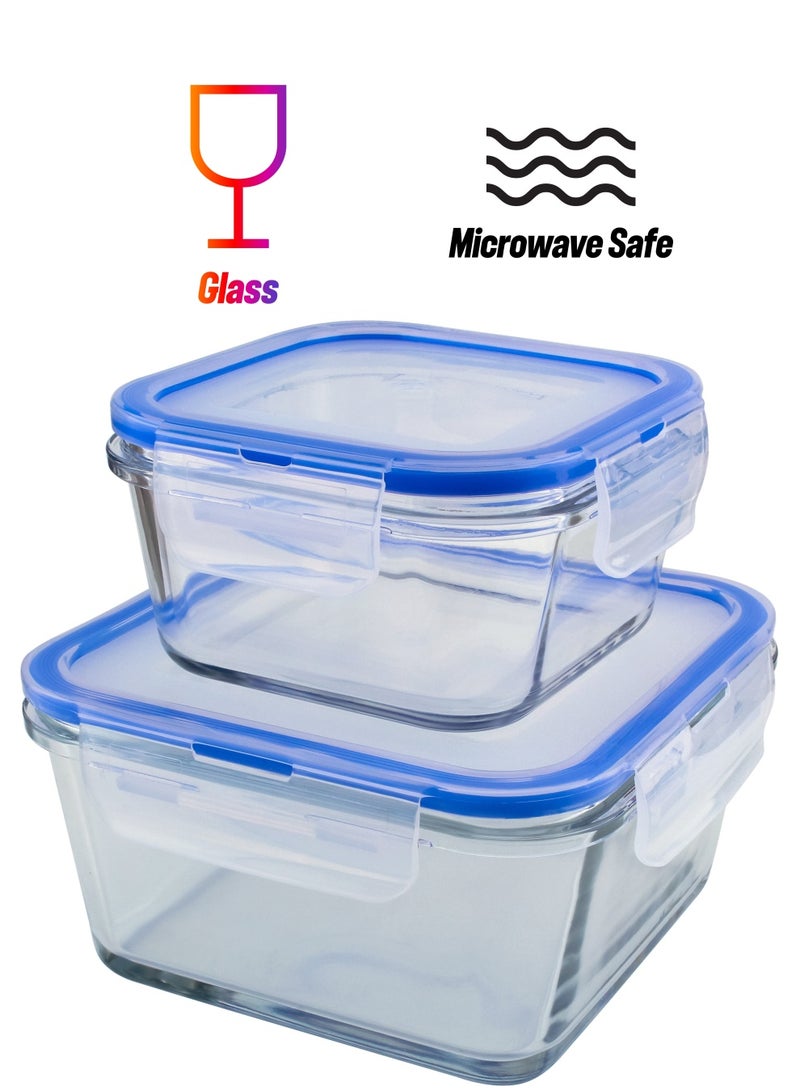 Mondex عبوة تخزين طعام زجاجية مربعة 400 مل و 900 مل مع غطاء أزرق - 2 قطعة - Image 1