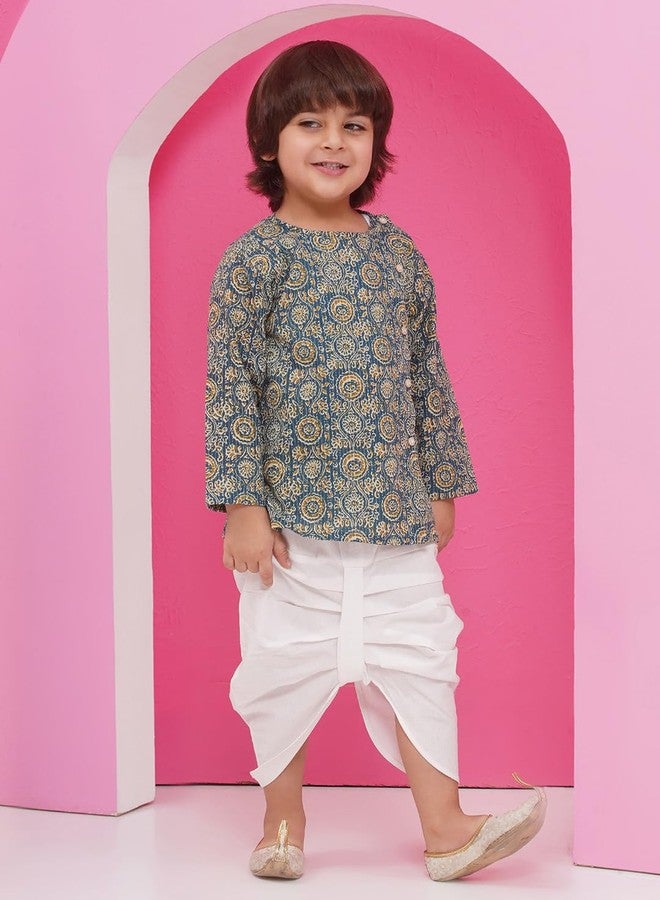 AJ DEZINES Kids Pure Cotton Full Sleeve Abstract Printed Turquoise Dhoti Kurta Set for Boys - Ethnic Wear | Traditional | Festival Wear for boys - Regular Fit - Image 5