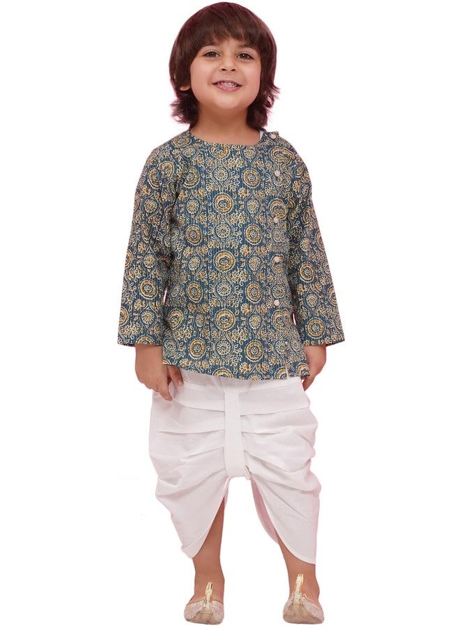 AJ DEZINES Kids Pure Cotton Full Sleeve Abstract Printed Turquoise Dhoti Kurta Set for Boys - Ethnic Wear | Traditional | Festival Wear for boys - Regular Fit - Image 1