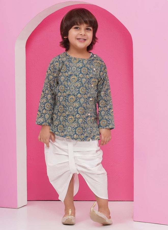 AJ DEZINES Kids Pure Cotton Full Sleeve Abstract Printed Turquoise Dhoti Kurta Set for Boys - Ethnic Wear | Traditional | Festival Wear for boys - Regular Fit - Image 4