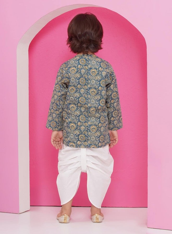 AJ DEZINES Kids Pure Cotton Full Sleeve Abstract Printed Turquoise Dhoti Kurta Set for Boys - Ethnic Wear | Traditional | Festival Wear for boys - Regular Fit - Image 2
