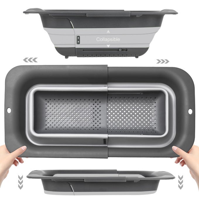 COLLAPSIBLE COLANDER STRAINER EXPANDABLE OVER THE SINK COLANDER FOR KITCHEN ADJUSTABLE SILICONE SINK STRAINER FOLDABLE LARGE COLANDERS BASKET TO WASH VEGETABLE FRUIT 15 TO 198 GRAY