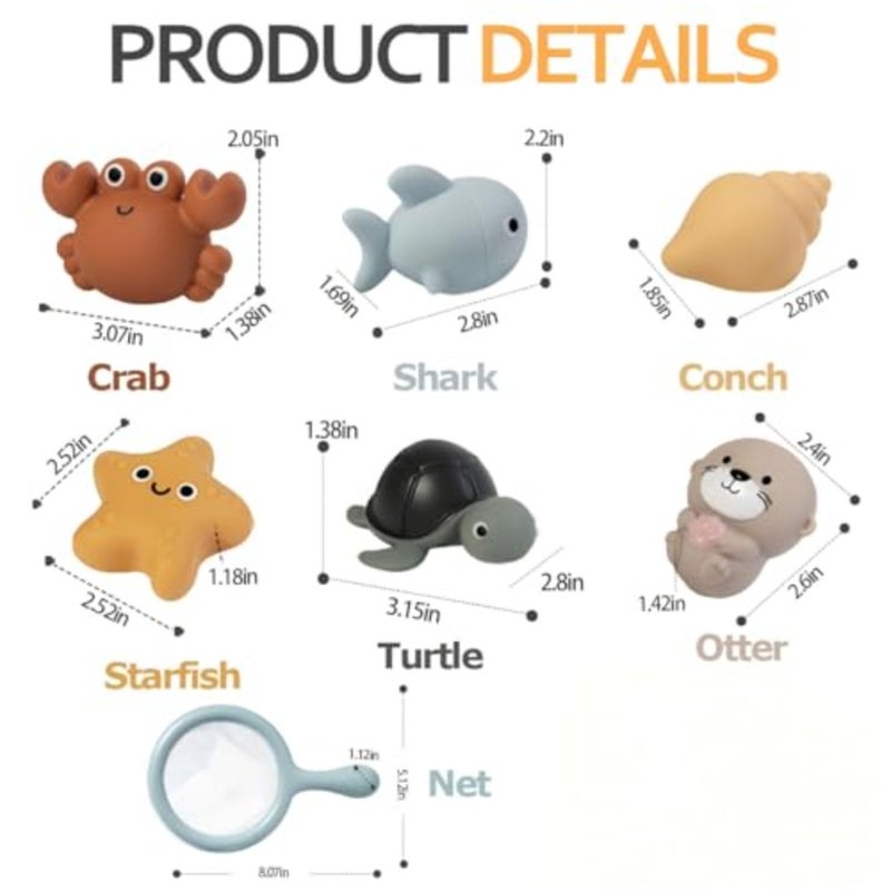 7PCS Baby Bath Toys, Sealed No-Hole Mold-Free Ocean Animal Toys, Soft Floating and Squeeze Water Toys with Fish Mesh for Toddlers, Bath, Shower, Pool and Beach, for Ages 1-3 Years - Image 4