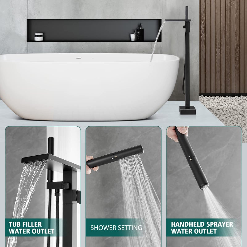Hoimpro Tub Filler Freestanding Bathtub Faucet Matte Black Floor Mount Tub Faucet Waterfall Free Standing Bathtub Filler High Flow Brass Bath Shower Faucets with Handheld Sprayer - Image 5