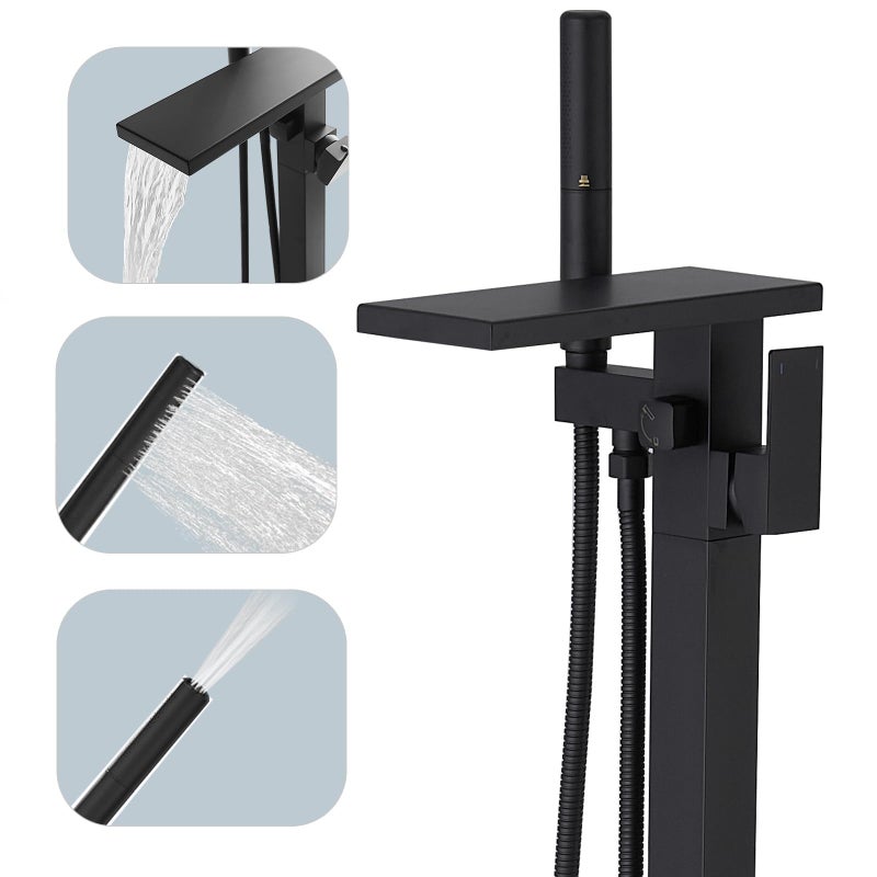 Hoimpro Tub Filler Freestanding Bathtub Faucet Matte Black Floor Mount Tub Faucet Waterfall Free Standing Bathtub Filler High Flow Brass Bath Shower Faucets with Handheld Sprayer - Image 1