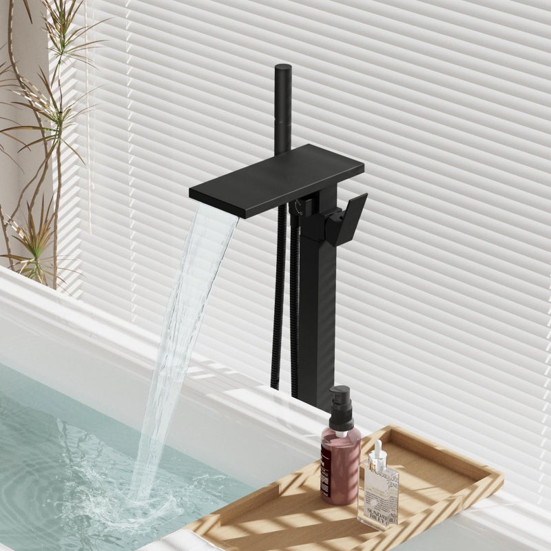Hoimpro Tub Filler Freestanding Bathtub Faucet Matte Black Floor Mount Tub Faucet Waterfall Free Standing Bathtub Filler High Flow Brass Bath Shower Faucets with Handheld Sprayer - Image 2