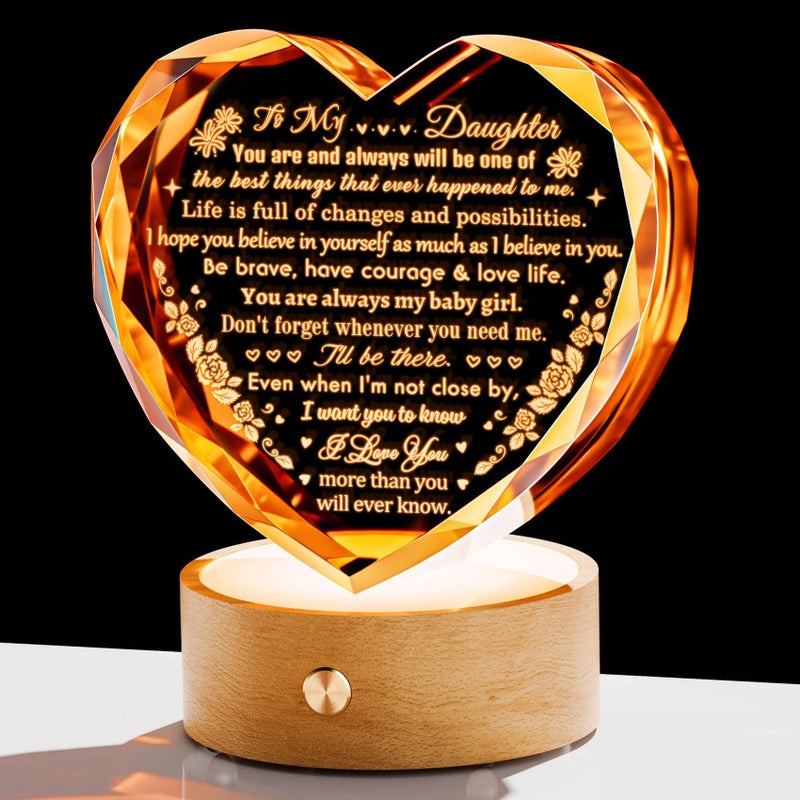 YWHL Daughter Gifts from Dad Mom  Meaningful Birthday Gifts for Daughter  to My Daughter Heart Crystal Keepsake with Colorful Light Base  Christmas Graduation Present for Daughter - Image 1