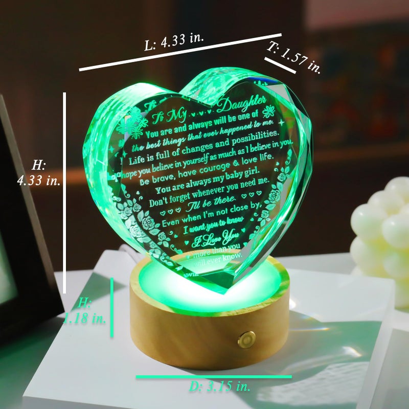 YWHL Daughter Gifts from Dad Mom  Meaningful Birthday Gifts for Daughter  to My Daughter Heart Crystal Keepsake with Colorful Light Base  Christmas Graduation Present for Daughter - Image 3