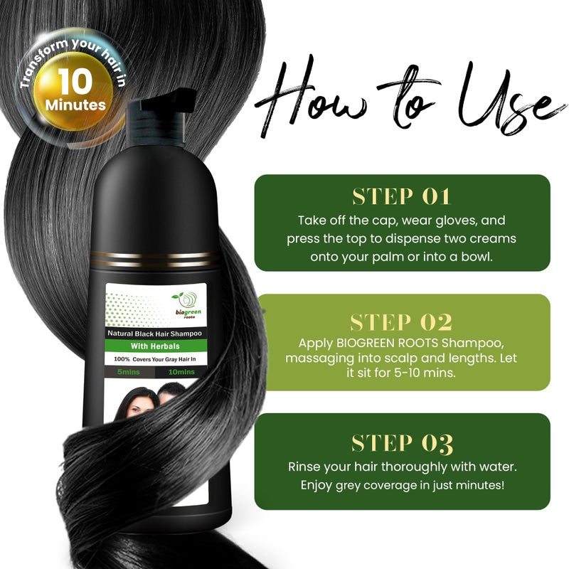 BIOGREEN ROOTS Ammonia-Free & Paraben Free Herbal Hair Shampoo - Hair Dye Shampoo for Women & Men - Natural Color & Herbal Nourishment - No Stain on Skin - Natural Black (200 ml) - Image 4