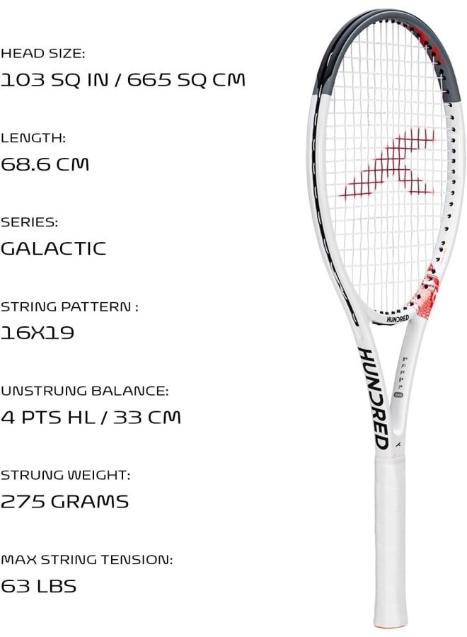 HUNDRED Galactic Strung Tennis Racket With Full Cover | 4 Points Head Light | Grip Size 2 (4 1/4 Inches) | 275 Grams (White/Grey) - Image 2